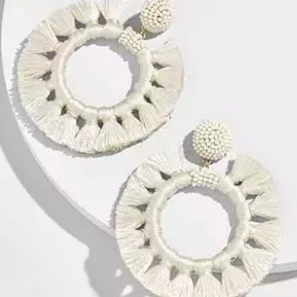 Daphne Ivory Beaded Tassel Hoop Earrings